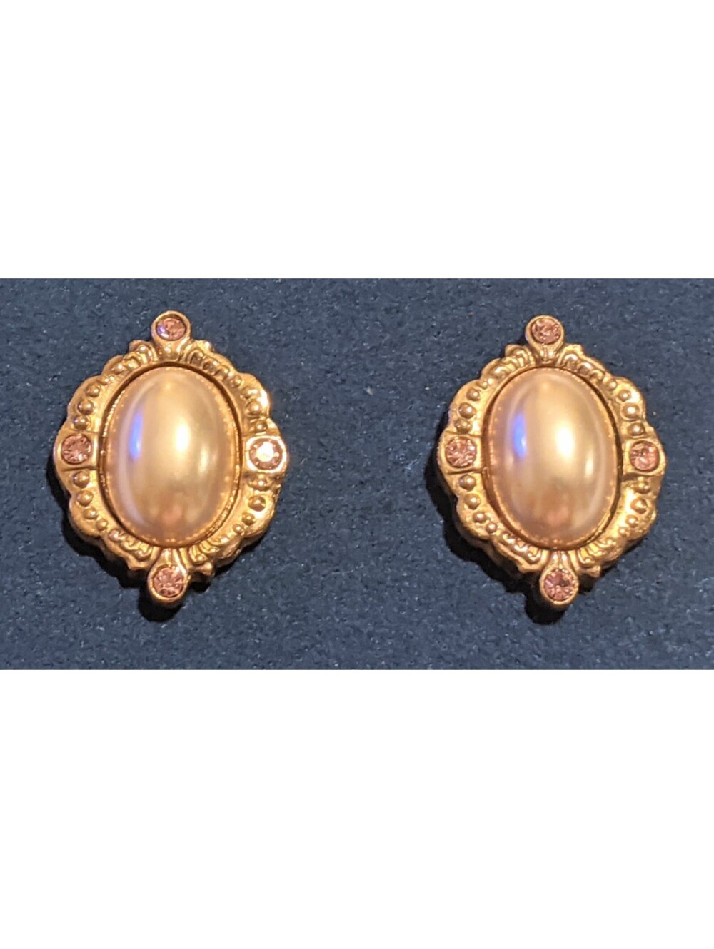 Vintage 1928 Blush Pink Faux Pearl And Pink Rhinestone Earrings Gold Tone - Picture 2 of 9